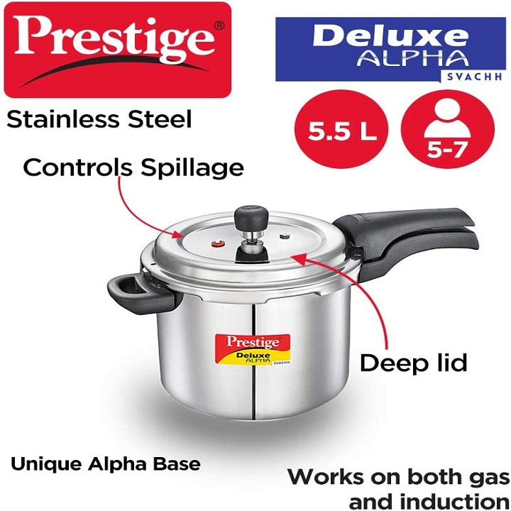 Prestige 5L Alpha Deluxe Induction Base Stainless Steel Deep Pressure Pan,  5.0-Liter, Silver