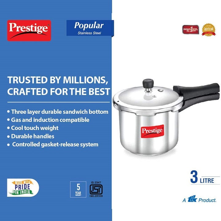Prestige Popular Aluminium Pressure Cooker, 3 Liters