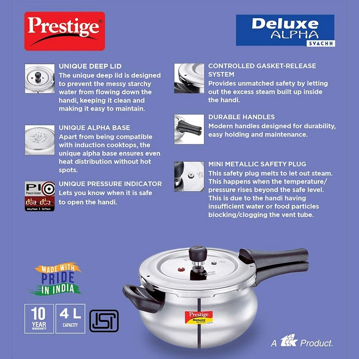 Prestige 4L Alpha Deluxe Induction Base Stainless Steel Pressure Cooker 4.0-liter