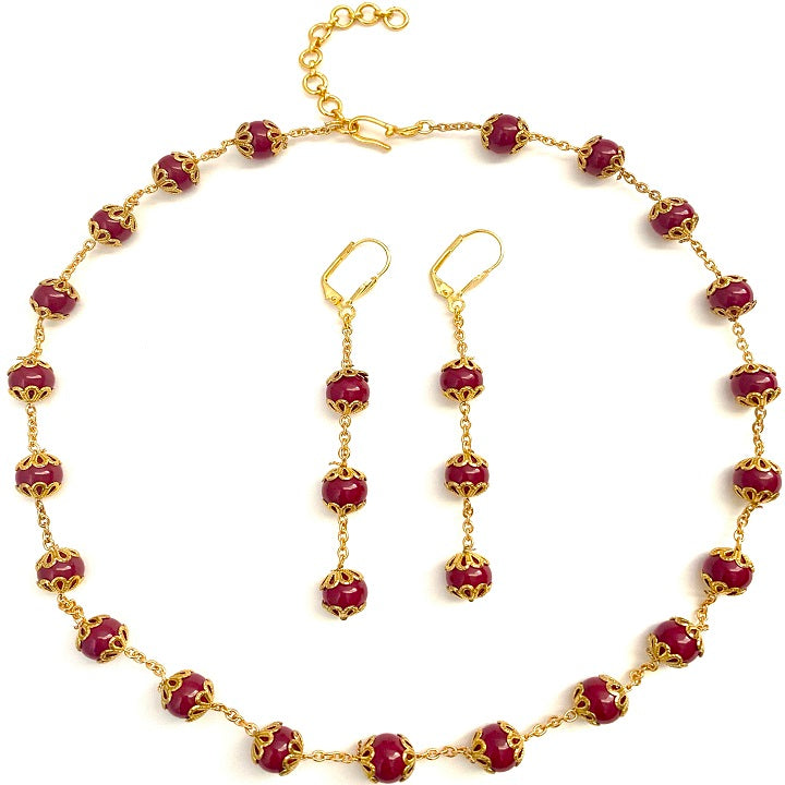 Red Beaded Gold Fashion Jewelry Necklace Earring Set
