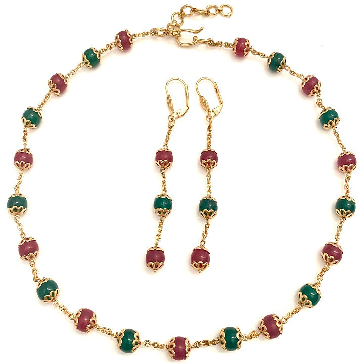 Ruby Green Beaded Gold Fashion Jewelry Necklace Earring Set