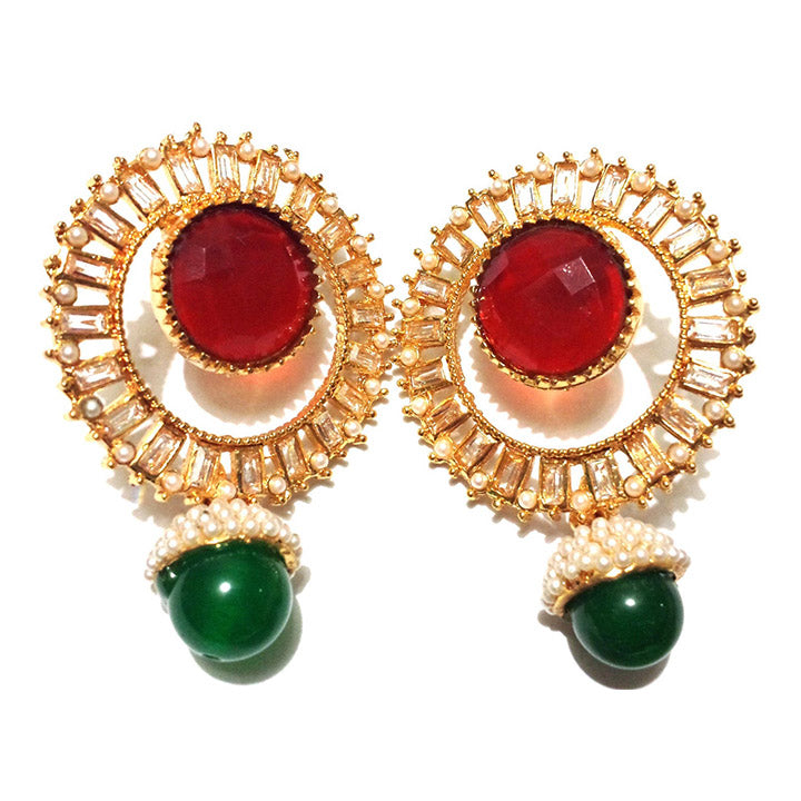 Ruby Red Green Traditional Antique Gold Pearl Fashion Jewelry Earrings