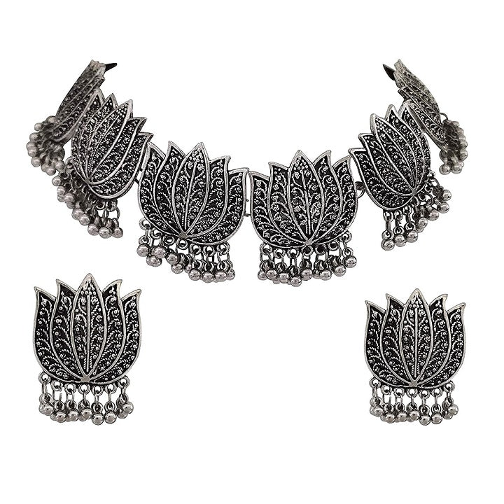 Silver Lotus Fashion Jewelry Necklace Choker Earring Set