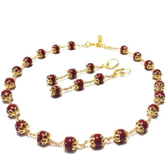Maroon Beaded Gold Fashion Jewelry Necklace Earring Set