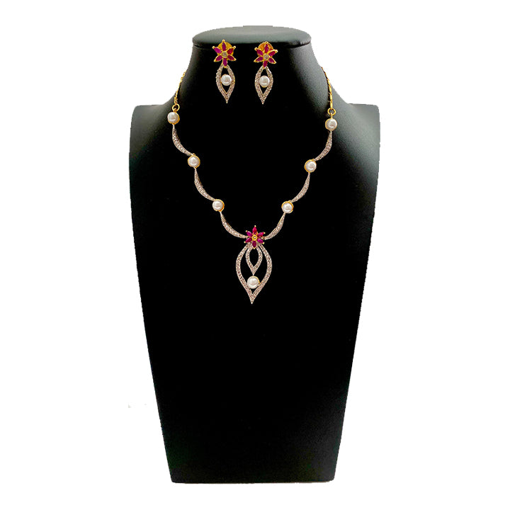 Stylish Pearl American Diamond Necklace Earring Set