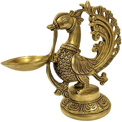 Traditional Peacock Brass Oil Lamp Diya Stand Set