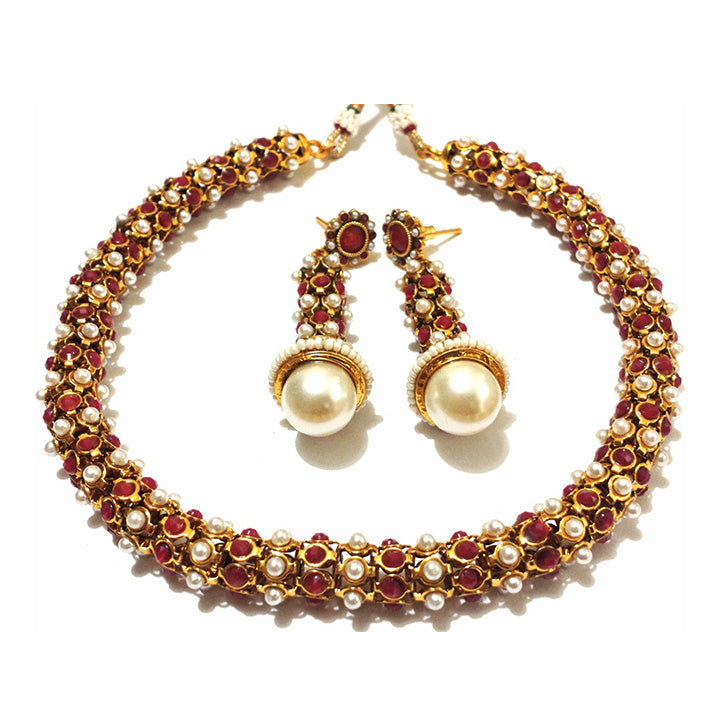 Traditional Maroon Pearl Antique Gold Jewelry Necklace Earring Set