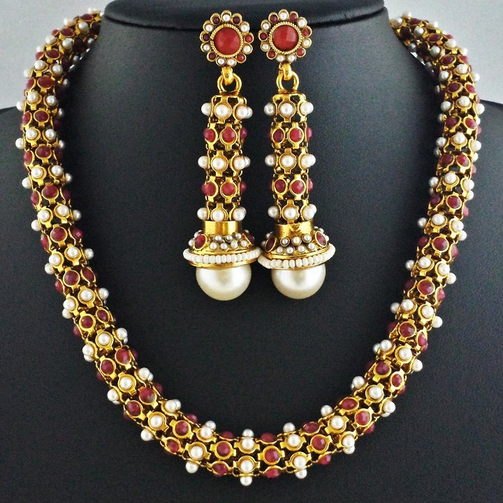Traditional Maroon Pearl Antique Gold Jewelry Necklace Earring Set