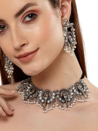 Trishul Ganesha Oxidized Silver Pearl Necklace Jewelry Set