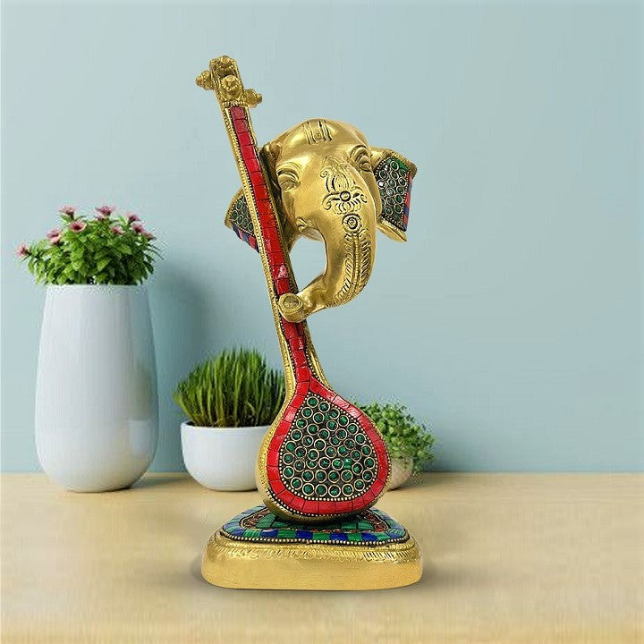Veena Brass Ganesha Statue Idol Sculpture