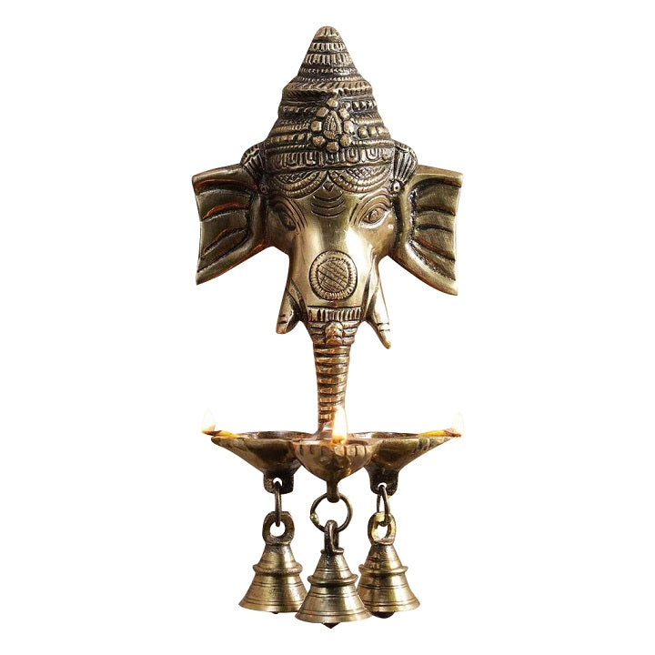 Wall Hanging Brass Ganesha Lamp Diya with Bell